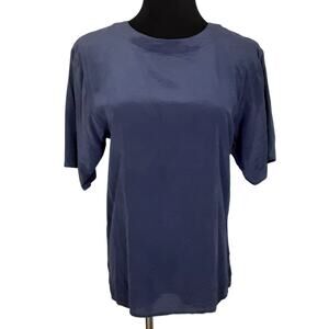 Vintage 80s 100% Silk Blouse Navy Blue Short Sleeve Womens S Minimalist Luxury